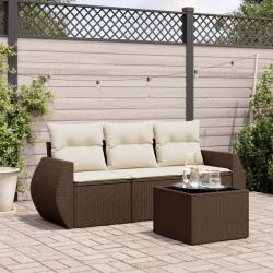 Salon de jardin 4 pcs avec coussins marron r&eacute;sine tress&eacute;e alsavelo