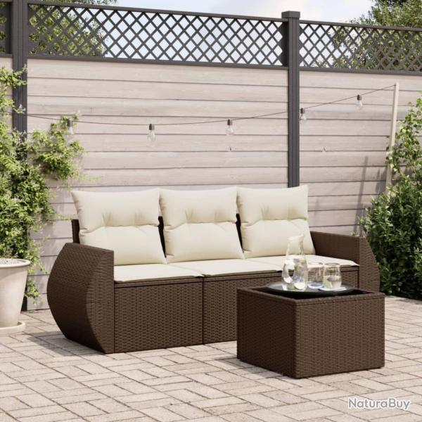 Salon de jardin 4 pcs avec coussins marron r�sine tress�e alsavelo