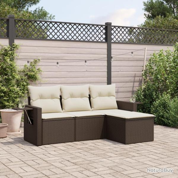 Salon de jardin 4 pcs avec coussins marron r�sine tress�e alsavelo
