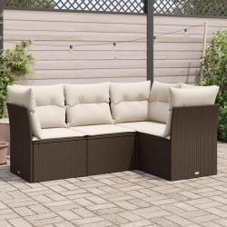 Salon de jardin 4 pcs avec coussins marron r&eacute;sine tress&eacute;e