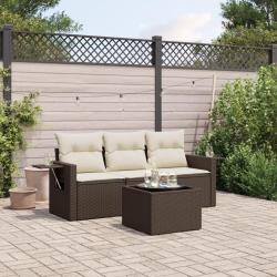 Salon de jardin 4 pcs avec coussins marron r&eacute;sine tress&eacute;e alsavelo