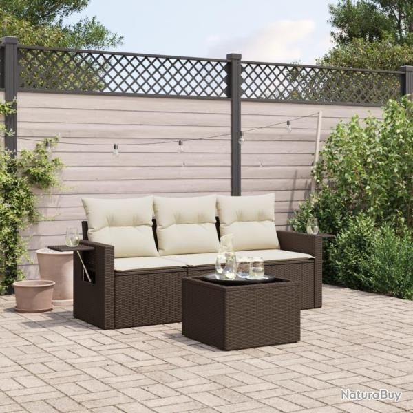 Salon de jardin 4 pcs avec coussins marron r�sine tress�e alsavelo