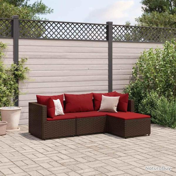 Salon de jardin 4 pcs avec coussins Marron R�sine tress�e alsavelo