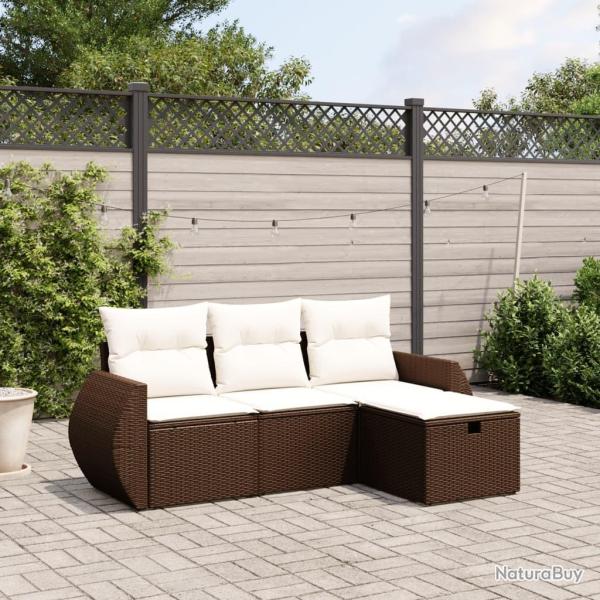 Salon de jardin 4 pcs avec coussins marron r�sine tress�e alsavelo