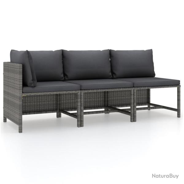 Salon de jardin 3 pcs avec coussins R�sine tress�e Gris