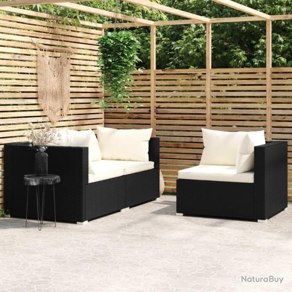 Salon de jardin 3 pcs avec coussins Noir R�sine tress�e