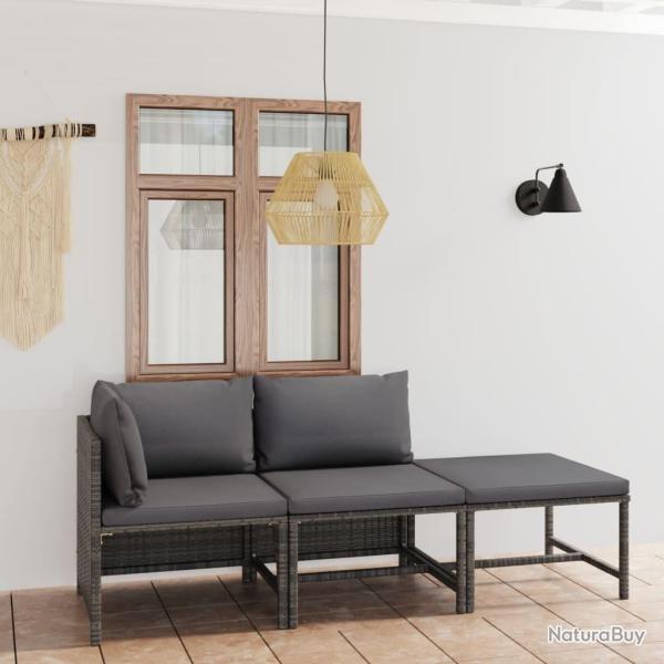Salon de jardin 3 pcs avec coussins R�sine tress�e Gris