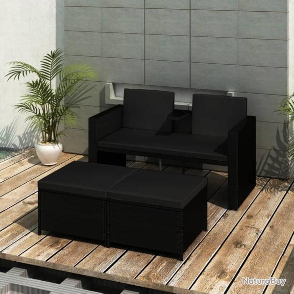 Salon de jardin 3 pcs avec coussins R�sine tress�e Noir