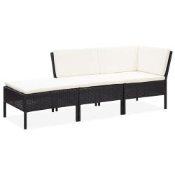 Salon de jardin 3 pcs avec coussins R&eacute;sine tress&eacute;e Noir