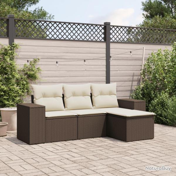 Salon de jardin 4 pcs avec coussins marron r�sine tress�e alsavelo