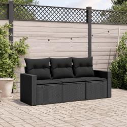 Salon de jardin 3 pcs avec coussins noir r&eacute;sine tress&eacute;e