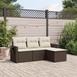 Salon de jardin 4 pcs avec coussins marron r&eacute;sine tress&eacute;e alsavelo