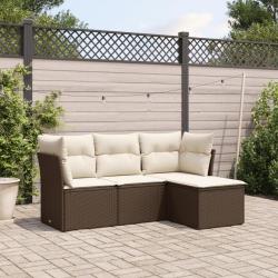 Salon de jardin 4 pcs avec coussins marron r&eacute;sine tress&eacute;e