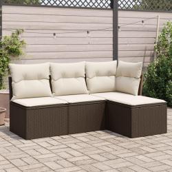 Salon de jardin 4 pcs avec coussins marron r&eacute;sine tress&eacute;e