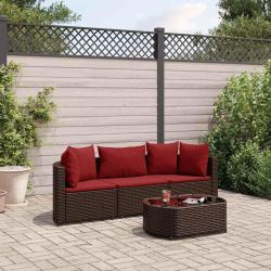 Salon de jardin 4 pcs avec coussins marron r&eacute;sine tress&eacute;e