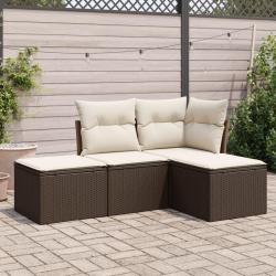 Salon de jardin 4 pcs avec coussins marron r&eacute;sine tress&eacute;e