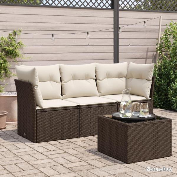 Salon de jardin 4 pcs avec coussins marron r�sine tress�e alsavelo
