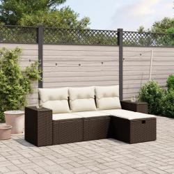 Salon de jardin 4 pcs avec coussins marron r&eacute;sine tress&eacute;e alsavelo