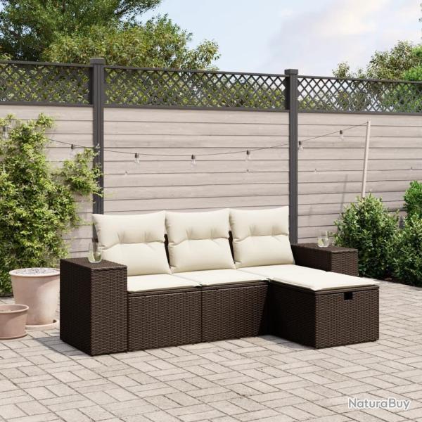 Salon de jardin 4 pcs avec coussins marron r�sine tress�e alsavelo