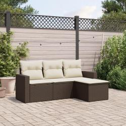 Salon de jardin 4 pcs avec coussins marron r&eacute;sine tress&eacute;e