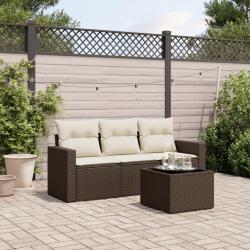 Salon de jardin 4 pcs avec coussins marron r&eacute;sine tress&eacute;e alsavelo