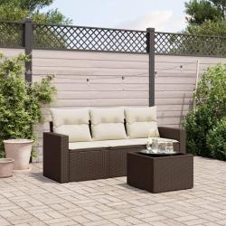 Salon de jardin 4 pcs avec coussins marron r&eacute;sine tress&eacute;e