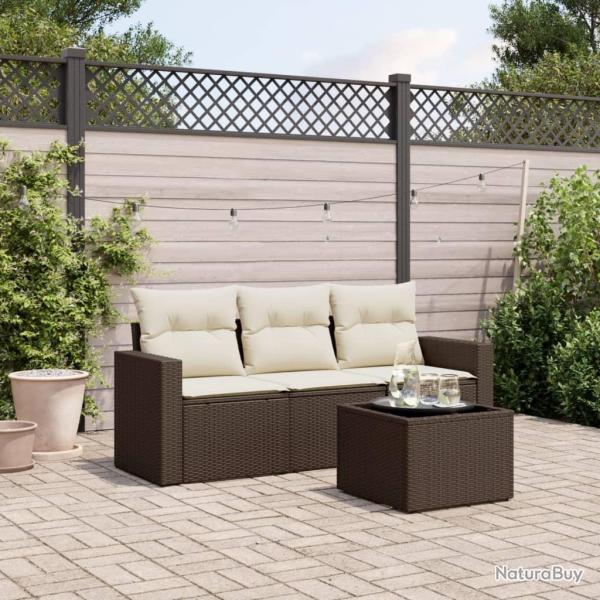 Salon de jardin 4 pcs avec coussins marron r�sine tress�e