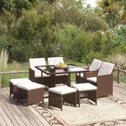Ensemble &agrave; manger de jardin et coussins 9 pcs Poly rotin Marron