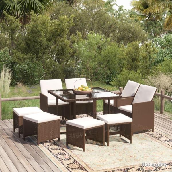 Ensemble  manger de jardin et coussins 9 pcs Poly rotin Marron alsavelo