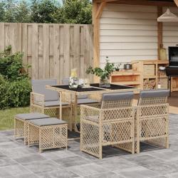 Ensemble &agrave; manger de jardin et coussins 9 pcs beige Poly rotin