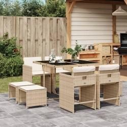 Ensemble &agrave; manger de jardin et coussins 9 pcs beige Poly rotin