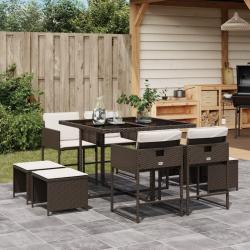 Ensemble &agrave; manger de jardin et coussins 9 pcs marron poly rotin