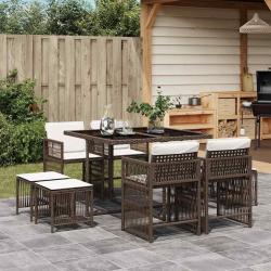 Ensemble &agrave; manger de jardin et coussins 9 pcs marron poly rotin alsavelo