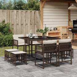 Ensemble &agrave; manger de jardin et coussins 9 pcs marron poly rotin