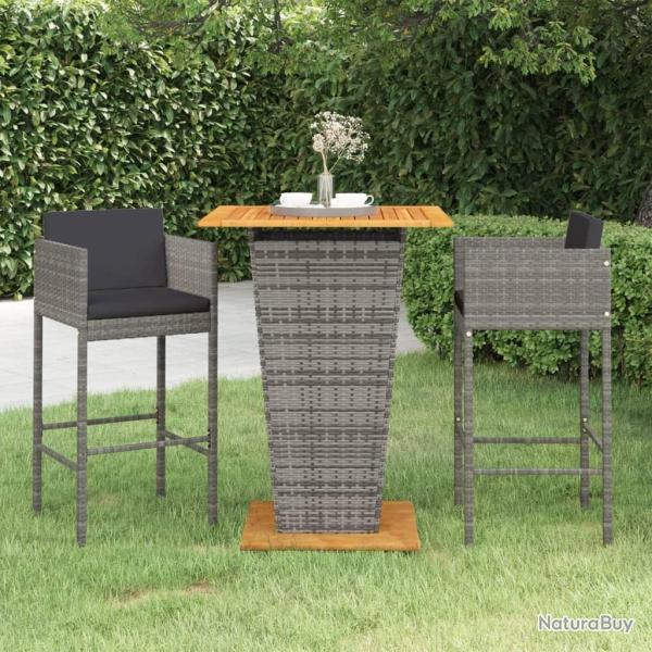 bar de jardin 3 pcs et coussins R�sine tress�e Gris