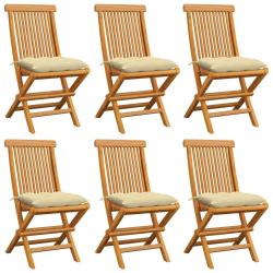Chaises de jardin et coussins blanc cr&egrave;me lot de 6 Teck massif