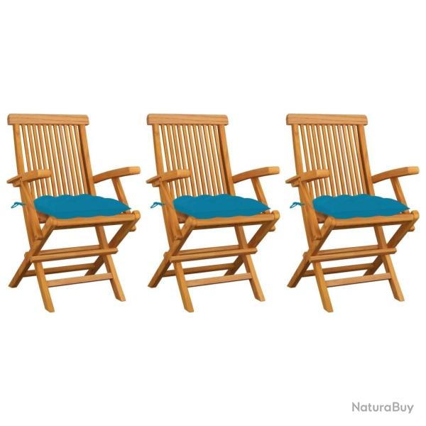 Chaises de jardin avec coussins bleu clair lot de 3 Teck massif alsavelo