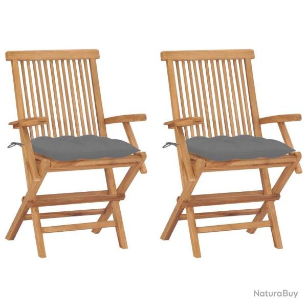 Chaises de jardin avec coussins gris lot de 2 Bois teck massif