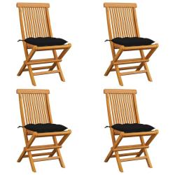 Chaises de jardin et coussins noir lot de 4 Bois de teck massif