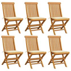 Chaises de jardin et coussins cr&egrave;me lot de 6 Bois teck massif