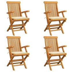 Chaises de jardin et coussins cr&egrave;me lot de 4 Bois teck massif