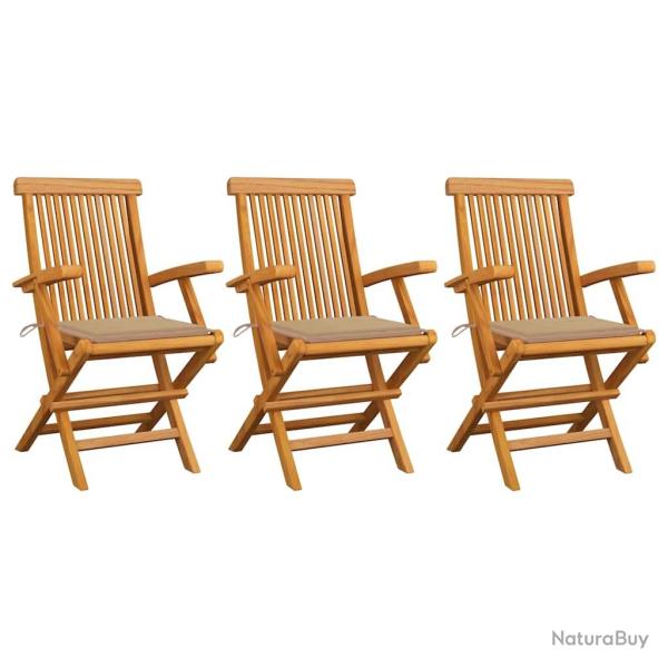 Chaises de jardin avec coussins beige lot de 3 Bois teck massif