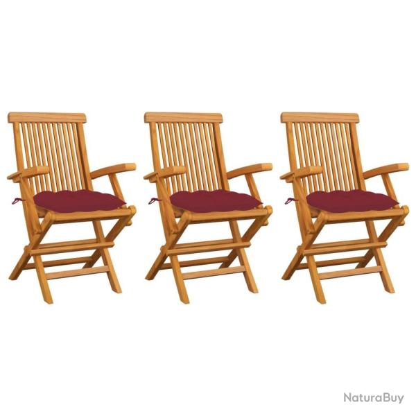 Chaises de jardin avec coussins rouge bordeaux lot de 3 Teck