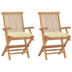 Chaises de jardin lot de 2 et coussins blanc cr&egrave;me Teck massif