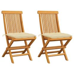 Chaises de jardin lot de 2 et coussins blanc cr&egrave;me Teck massif