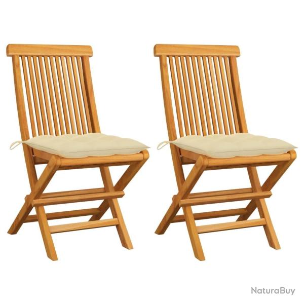 Chaises de jardin lot de 2 et coussins blanc cr�me Teck massif