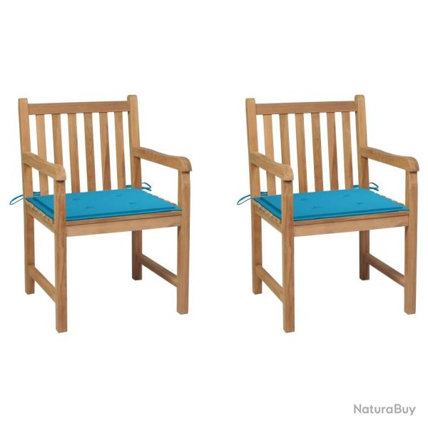 Chaises de jardin lot de 2 et coussins bleu Bois de teck massif