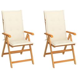 Chaises de jardin lot de 2 et coussins cr&egrave;me Bois teck massif