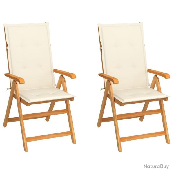 Chaises de jardin lot de 2 et coussins cr�me Bois teck massif alsavelo