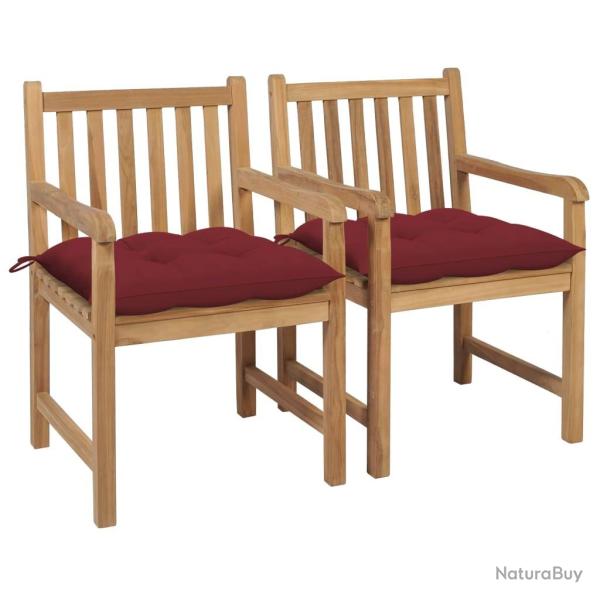 Chaises de jardin lot de 2 avec coussins bordeaux Teck massif alsavelo